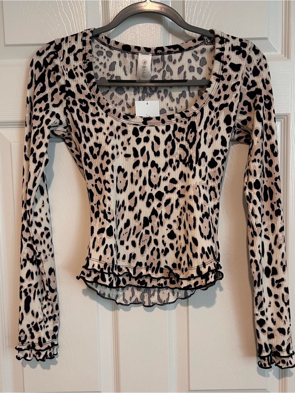 Altar’d State AS Revival Women's Beige Leopard Scoop Neck Long Sleeve Top